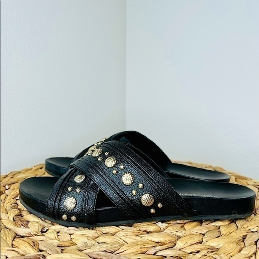 Rebecca Minkoff slides Tori Gold Black Leather Crisscross Studded Slide Sandals
